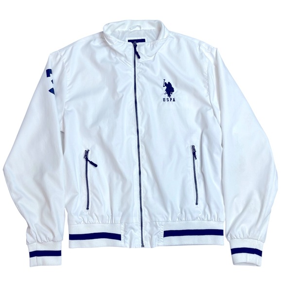 U.S. Polo Assn. White #3 USPA 2 Pocket Full Zip Navy Blue Trim Light Jacket M - Picture 1 of 14